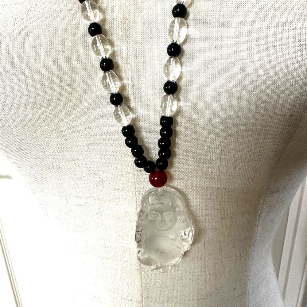 Long  clear glass Buddha beaded pendant necklace